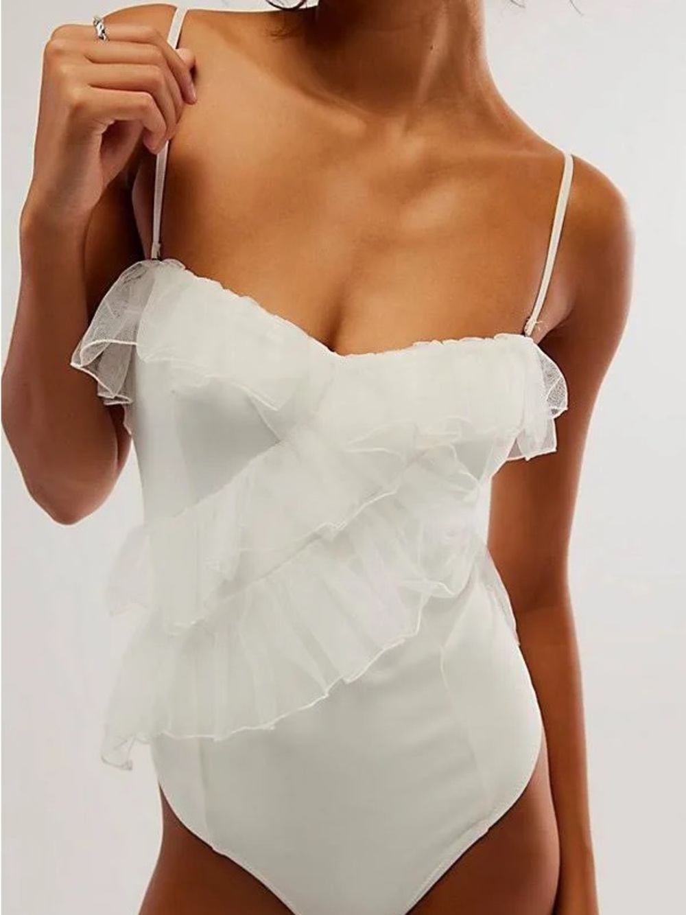 Free People White Ruffle Strap Bodysuit
